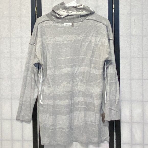 Calvin Klein Cowl Neck Hi Low Knit Tunic Sweater Long Sleeve Swirl Grey White L - Picture 6 of 12